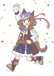  1girl animal_ears arm_up belt_bag blue_bow blue_hat blush boots bow breasts brown_boots brown_hair center_frills clothing_cutout confetti corset ears_through_headwear frills hair_ornament hairclip hat highres horse_ears horse_girl horse_tail koshiba_taiyaki looking_at_viewer matikanetannhauser_(clippety-tippety-clop)_(umamusume) matikanetannhauser_(umamusume) medium_hair multicolored_hair newsboy_cap open_mouth parallel_hairclips red_corset red_socks shirt shoulder_cutout smile socks solo streaked_hair tail tilted_headwear umamusume white_shirt yellow_eyes 