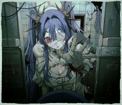  1girl bandaid black_nails blue_hair bodice bracelet breasts broken_mirror cleavage_cutout clothing_cutout cross eyepatch frilled_shirt_collar frills hair_between_eyes hair_intakes hat highres hikimayu indoors jewelry juliet_sleeves long_hair long_sleeves looking_at_mirror medical_eyepatch mirror nurse_cap open_mouth original puffy_sleeves reaching reaching_towards_viewer red_eyes reflection saku050524 shirt solo spiked_bracelet spiked_hair_ornament spikes tile_wall tiles white_shirt 