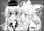  bangs blunt_bangs blush_stickers bow fujiwara_no_mokou grin hair_bow hands_on_shoulders hat kamishirasawa_keine long_hair monochrome multiple_girls nervous open_mouth shinoasa sidelocks smile sweat touhou 