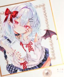  1girl alternate_costume bat_wings black_thighhighs blue_hair blue_skirt bow can commentary_request contemporary detached_sleeves drink_can drinking_straw gem hair_between_eyes hair_bow hair_intakes hair_ornament hand_on_own_cheek hand_on_own_face highres holding holding_can looking_at_viewer medium_hair miniskirt pearl photo_(medium) pleated_skirt pointy_ears red_bow red_eyes red_nails remilia_scarlet shikishi shirt sio_oekaki skindentation skirt solo thigh-highs touhou traditional_media twitter_username white_shirt white_skirt wings x_hair_ornament 