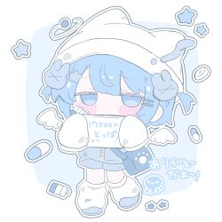  1girl angel_wings animal_ears animal_hat animal_hood bag bandaid bandaid_on_face bandaid_on_leg blue_background blue_bag blue_eyes blue_hair blue_jacket blue_shorts blue_theme blush blush_stickers chibi chibi_only commentary_request detached_wings fake_animal_ears feathered_wings full_body hair_between_eyes hair_ornament hairclip halo hat highres holding holding_paper holding_sign hood hood_up izumi_(yura_izumi) jacket jitome long_sleeves looking_at_viewer loose_socks mini_wings no_pupils original paper paw_print pill shoes short_hair shorts shoulder_bag sign simple_background sleeves_past_fingers sleeves_past_wrists socks solo standing star_(symbol) two_side_up white_background white_hat white_socks white_wings wings 