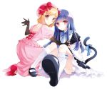  black_gloves blonde_hair blue_hair blush cat_tail dress elbow_gloves feet frederica_bernkastel gloves hand_holding hat holding_hands kneehighs lambdadelta long_hair mary_janes mottsun multiple_girls pink_eyes pov_feet ribbon she&#039;s_a_cake shoes short_hair simple_background sitting smile tail tail_bow tail_ribbon umineko_no_naku_koro_ni white_legwear 