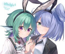  2girls animal_ear_hairband animal_ears aqua_eyes aqua_hair aqua_nails ascot black_hairband black_jacket black_necktie black_overalls blue_hair brooch closed_mouth collared_shirt colored_inner_hair elira_pendora fake_animal_ears finana_ryugu fins hair_over_one_eye hairband head_fins head_wings highres jacket jewelry lazulight long_sleeves multicolored_hair multiple_girls nail_polish necktie nijisanji nijisanji_en overalls purple_hair rabbit_ear_hairband rabbit_ears shirt short_hair simple_background twitter_username upper_body usari_sk violet_eyes virtual_youtuber white_ascot white_background white_shirt wings 