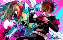  2girls black_jacket collared_shirt commentary_request cowboy_shot demon_(megami_tensei) evoker gekkoukan_high_school_uniform gloves highres jacket long_hair looking_at_viewer multiple_girls orpheus_(female)_(persona) persona persona_(summon) persona_3 persona_3_portable pink_background pink_eyes ponytail rae_ariadne red_eyes s.e.e.s school_uniform shiomi_kotone shirt smile white_gloves 