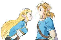  ... 1boy 1girl :t angry arm_behind_back belt black_gloves blonde_hair blue_eyes blue_tunic blush_stickers braid brown_belt champion's_tunic_(zelda) closed_mouth commentary_request crown_braid earrings from_side gloves green_eyes hair_ornament hairclip hands_on_own_hips jewelry leaning_forward link long_hair looking_at_another low_ponytail medium_hair opleillle pointy_ears ponytail pout princess_zelda revision shoulder_belt sidelocks simple_background straight_hair sweatdrop the_legend_of_zelda the_legend_of_zelda:_breath_of_the_wild tunic upper_body white_background 