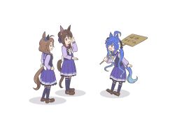  3girls absurdres ahoge animal_ears blue_eyes blue_hair blush bow bowtie breasts brown_hair brown_shoes crossed_bangs ear_covers glasses hair_between_eyes highres holding holding_sign horse_ears horse_girl horse_tail koshiba_taiyaki long_hair long_sleeves multicolored_hair multiple_girls open_mouth pleated_skirt purple_serafuku purple_shirt purple_skirt purple_thighhighs royce_and_royce_(umamusume) sailor_collar sailor_shirt school_uniform semi-rimless_eyewear serafuku shirt shoes sidelocks sign single_ear_cover skirt smile sounds_of_earth_(umamusume) streaked_hair tail thigh-highs tracen_school_uniform twin_turbo_(umamusume) twintails umamusume white_bow white_bowtie 