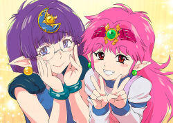  2girls arara_cocoa arara_milk blue_eyes blue_tank_top bracelet brown_background closed_mouth commentary_request crescent crescent_hair_ornament double_v earrings glasses grin hair_ornament hands_on_own_cheeks hands_on_own_face hands_up highres jewelry knight_lamune_&amp;_40_(series) long_hair multiple_girls ng_knight_lamune_&amp;_40 pink_hair pointy_ears purple_hair raised_inner_eyebrows red_eyes round_eyewear shirt short_hair siblings sisters smile sparkle tank_top ueyama_michirou upper_body v white_shirt 