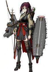  1girl absurdres archery arrow_(projectile) belt bespectacled black_boots black_skirt black_thighhighs boots bow bow_(weapon) flight_deck freckles glasses green_eyes hakama hakama_short_skirt hakama_skirt high_ponytail highres holding holding_bow_(weapon) holding_weapon japanese_clothes kantai_collection kisaragi_shokuin knee_pads kyuudou mast mecha_musume muneate ponytail purple_hair quiver red_belt red_bow rigging shinano_(kancolle) simple_background skirt smokestack thigh-highs weapon white_background 