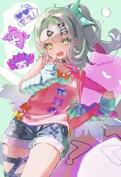  1girl angel_wings aqua_arm_warmers aria_(human)_(zenless_zone_zero) aria_(zenless_zone_zero) arm_warmers artist_name black_hair blue_halo blunt_bangs blush bow bubblegum_(zenless_zone_zero) chibi choker closed_eyes closed_mouth commentary_request denim denim_shorts english_text garter_belt green_hair hair_bow hair_ornament hairclip halo hand_up heart heart_hair_ornament highres holding_strap long_hair multicolored_hair nangong_yu official_alternate_costume open_mouth pale_skin pink_hair ponytail shorts simple_background solo star_(symbol) striped_arm_warmers sunna_(delusions_in_business)_(zenless_zone_zero) sunna_(zenless_zone_zero) szm_oekaki tank_top tearing_up twintails white_wings wings yellow_eyes zenless_zone_zero 