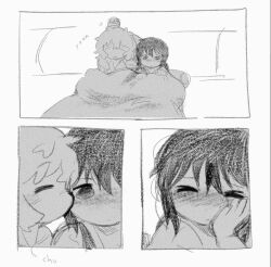  >_< 2girls blush chito_(shoujo_shuumatsu_ryokou) closed_eyes closed_mouth english_text frown greyscale kiss kissing_cheek long_hair messy_hair monochrome motion_lines multiple_girls nessiemooo shoujo_shuumatsu_ryokou sleeping under_covers yuri yuuri_(shoujo_shuumatsu_ryokou) 