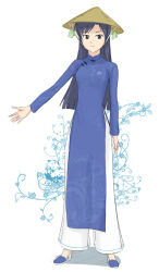  1girl ao_dai blue_dress blue_hair breasts brown_eyes closed_mouth commentary_request dress full_body hat high_heels idolmaster idolmaster_(classic) kisaragi_chihaya light_smile long_hair long_sleeves pants rice_hat simple_background solo standing takahashi_ren vietnamese_clothes white_background white_pants 