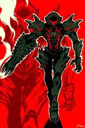  1girl absurdres arm_cannon armor claws commentary english_commentary facing_viewer green_armor green_helmet helmet highres metroid metroid_ravenous newgrounds_username power_armor power_suit_(metroid) red_assault_visor red_background samus_aran science_fiction shoulder_spikes smoke smoke_trail solo spiked_armor spikes videajames weapon zoom_layer 