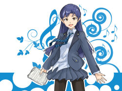  1girl :d black_pantyhose blazer blue_hair blue_necktie brown_eyes collared_shirt commentary_request cowboy_shot diagonal-striped_clothes diagonal-striped_necktie eighth_note floating_neckwear grey_jacket grey_skirt holding holding_paper idolmaster idolmaster_(classic) jacket kisaragi_chihaya long_hair long_sleeves looking_at_viewer miniskirt musical_note necktie open_clothes open_jacket pantyhose paper pleated_skirt sheet_music shirt skirt smile solo standing striped_clothes striped_necktie takahashi_ren white_shirt 