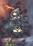  boots breasts brown_eyes cable cleavage dragon elbow_gloves fire gloves glowing glowing_eyes hand_on_own_chest hand_to_chest headdress highres kneeling long_hair mamuru original snake solo thigh-highs thigh_boots thighhighs very_long_hair weapon wrench 