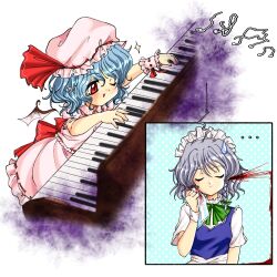 2girls apron bat_wings blood blue_hair bow braid closed_eyes english_commentary green_bow grey_hair hair_between_eyes hair_bow handkerchief hat hat_ribbon highres holding holding_handkerchief instrument izayoi_sakuya light_blush maid maid_headdress mob_cap multiple_girls nekotorine nosebleed one_eye_closed piano pink_hat pink_shirt pink_skirt playing_instrument playing_piano puffy_short_sleeves puffy_sleeves red_eyes red_ribbon remilia_scarlet ribbon shirt short_hair short_sleeves skirt skirt_set touhou twin_braids white_background wings wrist_cuffs 