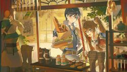  1boy 1girl :d ahoge arm_guards armor bag baguette belt black_hair blue_shirt bo_staff boots bread brown_belt brown_eyes brown_gloves candle candlestand chinese_commentary clenched_hand commentary_request cropped_jacket crossed_bangs display double-parted_bangs eien_galaxy_ko eiyuu_densetsu estelle_bright fingerless_gloves flask flip-flops food gloves green_gloves groceries grocery_bag hair_between_eyes high_collar highres holding holding_bag holding_staff holding_weapon jacket joshua_bright lamppost leaning_forward leather_belt light_blush long_hair mannequin open_clothes open_jacket open_mouth pauldrons pretzel red_eyes red_jacket ribbed_shirt road round-bottom_flask sandals shirt shoes shop shopping_bag short_hair shoulder_armor single_pauldron small_sweatdrop smile sneakers sora_no_kiseki sparkle staff star-shaped_pupils star_(symbol) street symbol-shaped_pupils test_tube twintails upper_body weapon 