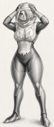  1girl absurdres armor bandaged_arm bandages benjaminlong bodysuit breasts commentary covered_mouth english_commentary full_body graphite_(medium) greyscale hair_over_one_eye hands_on_own_head highres japanese_armor jewelry kote large_breasts looking_at_viewer medium_hair monochrome multiple_rings ring sheik sheikah simple_background solo standing the_legend_of_zelda the_legend_of_zelda:_ocarina_of_time thick_thighs thighs torn_clothes traditional_media turban white_background 