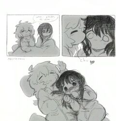  2girls ahoge artist_name blank_eyes blush chito_(shoujo_shuumatsu_ryokou) closed_mouth dot_mouth drooling greyscale heart highres kiss kissing_cheek long_hair long_sleeves messy_hair monochrome multiple_girls nessiemooo shoujo_shuumatsu_ryokou sleeping yawning yuri yuuri_(shoujo_shuumatsu_ryokou) 