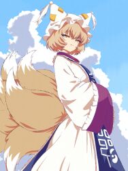  1girl absurdres animal_hat blonde_hair blue_tabard clouds cloudy_sky commentary_request cumulonimbus_cloud day dot_nose dress fox_girl fox_tail from_below frown hair_between_eyes hands_in_opposite_sleeves hat highres ink_black kitsune kyuubi long_sleeves looking_at_viewer multiple_tails outdoors pom_pom_(clothes) short_hair sky solo split_mouth tabard tail touhou white_dress white_hat white_trim wide_sleeves yakumo_ran yellow_eyes 