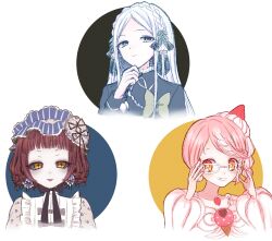  3girls braid commentary_request dress earrings food-themed_hair_ornament frilled_dress frills glasses glassianne gohan_004 hair_ornament hairband highres jewelry jouvet leaf_hair_ornament long_hair magical_girl mahou_shoujo_ikusei_keikaku mahou_shoujo_ikusei_keikaku_aces mahou_shoujo_ikusei_keikaku_f2p mahou_shoujo_ikusei_keikaku_restart multiple_girls orange_eyes pink_hair red_hair rionetta short_hair thinking white_hair 