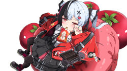  1girl absurdres ahoge aqua_nails black_hair black_pantyhose black_skirt commentary_request hair_ornament highres jacket jelly_drink lacrimosa_(nte) long_hair mouth_hold multicolored_hair multicolored_nails nail_polish neverness_to_everness original pantyhose qianbihezhong red_eyes red_jacket red_nails rubbing_eyes shirt sitting skirt solo split-color_hair tomato white_hair white_shirt 