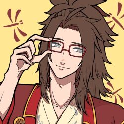  1boy adjusting_eyewear brown_hair commentary_request dragonfly_print fire_emblem fire_emblem_fates fire_emblem_heroes grey_eyes hand_up haori japanese_clothes kimono long_sidelocks looking_to_the_side male_focus maromaro013 official_alternate_costume official_alternate_hairstyle portrait red-framed_eyewear red_haori ryoma_(dancing_samurai)_(fire_emblem) ryoma_(fire_emblem) sidelocks simple_background solo white_kimono yellow_background 