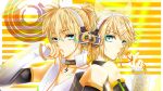  aqua_eyes back_to_back blonde_hair bust choker detached_sleeves hair_bow hairclip headphones kagamine_len kagamine_len_(append) kagamine_rin kagamine_rin_(append) looking_back nail_polish ponytail popped_collar see_through vocaloid vocaloid_append yellow 