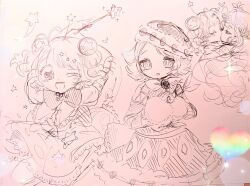  2girls babybweep closed_eyes dreamy_chelsea dress english_commentary frilled_dress frills hair_ornament hat highres holding holding_wand hug kiss magical_girl mahou_shoujo_ikusei_keikaku mahou_shoujo_ikusei_keikaku_breakdown multiple_girls one_eye_closed pastel_mary_(mahoiku) short_hair sketch smile wand yuri 