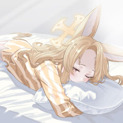  1girl absurdres alternate_costume animal_ear_fluff animal_ears bed blonde_hair blue_archive bright_pupils brown_eyes commentary_request cowboy_shot extra_ears forehead fox_ears fox_girl fox_tail gradient_eyes halo head_on_pillow highres hugging_object idry long_hair looking_at_viewer lying multicolored_eyes on_bed on_stomach one_eye_closed pajamas pillow seia_(blue_archive) shirt shorts solo striped_clothes striped_pajamas striped_shirt striped_shorts tail vertical-striped_clothes vertical-striped_pajamas vertical-striped_shirt vertical-striped_shorts white_pupils yellow_eyes yellow_halo yellow_pajamas yellow_shirt yellow_shorts 