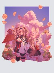  4girls :d :o absurdres angelina_(arknights) angelina_the_mellow_wish_(arknights) animal_ear_fluff animal_ears arknights arm_up black_collar black_gloves black_hairband black_skirt brown_hair bush chinese_commentary clouds collar commentary_request cowboy_shot cropped_legs detached_sleeves dress fingerless_gloves fox_ears fox_girl gloves hair_between_eyes hairband highres house jacinta_(arknights) long_hair long_sleeves looking_at_viewer multiple_girls open_mouth orange_gloves outdoors pink_eyes pink_hair rabbit_ears rabbit_girl raccoon_ears raccoon_girl samoyed42587 skirt sky smile thumpy_(arknights) timeslot_(arknights) twintails very_long_hair white_dress 