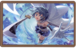  1girl absurdres armlet attack bare_shoulders belt belt_buckle blue_belt blue_boots blue_eyes blue_gem blue_hair blue_shirt blue_skirt blue_sleeves blue_theme boots bubble buckle cape clothing_cutout collared_cape detached_sleeves determined floating_cape floating_clothes floating_hair fortissimo frilled_shirt frills full_body gem gloves gold_buckle hair_between_eyes hair_ornament hairclip high_collar highres holding holding_sword holding_weapon jewelry light_particles long_sleeves looking_at_viewer magic magical_girl mahou_shoujo_madoka_magica mahou_shoujo_madoka_magica_magia_exedra miniskirt musical_note musical_note_hair_ornament non-web_source official_art outstretched_arm pleated_skirt scan self-scan shirt short_hair skirt solo stomach_cutout stomach_jewel strapless strapless_shirt sword tareme thigh-highs thigh_belt thigh_strap two-tone_shirt weapon white_cape white_gloves white_shirt white_thighhighs witch's_labyrinth 