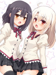  2girls black_hair blush breasts brown_eyes commentary_request fate/kaleid_liner_prisma_illya fate_(series) hair_ornament hairclip highres illyasviel_von_einzbern long_hair long_sleeves looking_at_viewer miyu_edelfelt mochi_(k620803n) multiple_girls open_mouth red_eyes school_uniform shirt sidelocks skirt small_breasts white_hair 