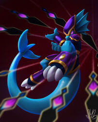  1girl arm_guards armor bmbrice commentary dragon eastern_dragon english_commentary fingernails fins fish_girl fish_tail freedom_planet freedom_planet_2 head_fins highres merga monster_girl motion_lines purple_armor tail violet_eyes water_dragon 