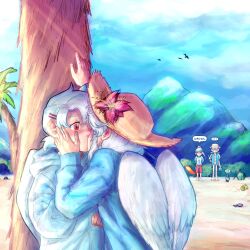  ... 4girls against_tree bikini bird blue_hoodie blue_shirt blush braid chiyo_(love-bullet) cupid ena_(love-bullet) english_commentary feathered_wings flower hair_ornament hairclip hand_on_another's_cheek hand_on_another's_face hat heart heart-shaped_eyewear highres hood hood_down hoodie kanna_(love-bullet) kiss koharu_(love-bullet) long_hair long_sleeves love-bullet mountain multiple_girls navel open_clothes open_shirt palm_tree pigeon pink_flower ponytail red_eyes red_shorts sand scribdot shirt shorts spoken_ellipsis sun_hat sunglasses swimsuit tree twin_braids visor_cap white_bikini white_hair white_shirt white_wings wings yuri 