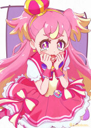 1girl absurdres arched_crown blonde_hair blush_stickers boots border bow bow_earrings bright_pupils brooch capelet chest_bow colored_tips commentary crown crying crying_with_eyes_open cure_wonderful curled_fingers d: dress dress_bow earrings frilled_wrist_cuffs frills furrowed_brow gold_hairband hairband hands_on_own_cheeks hands_on_own_face heart heart_brooch highres inukai_komugi jewelry layered_dress long_hair looking_at_viewer magical_girl medium_dress mini_crown multicolored_bow multicolored_hair open_mouth outside_border pact_holder pantyhose petticoat pink_boots pink_bow pink_capelet pink_crown pink_dress pink_hair pink_pantyhose pink_wrist_cuffs pleated_dress pouch precure puffy_short_sleeves puffy_sleeves purple_background purple_bow raised_inner_eyebrows short_sleeves solo striped_bow striped_clothes striped_pantyhose suzukiahureru tearing_up tears tilted_headwear twitter_username two-tone_hair two_side_up very_long_hair violet_eyes wavy_eyes white_border wonderful_precure! wrist_cuffs yellow_pupils 