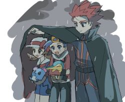 1girl 2boys :d belt black_cape black_pants blue_overalls brown_hair cape commentary_request cyndaquil ddakji_0025 ethan_(pokemon) hat highres holding holding_pokemon jacket korean_commentary lance_(pokemon) long_sleeves lyra_(pokemon) marill multiple_boys open_mouth outstretched_arm overalls pants pokemon pokemon_(creature) pokemon_heartgold_and_soulsilver popped_collar rain red_hair red_jacket red_shirt shielding_another_from_rain shirt short_hair smile twintails 