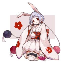  1girl animal_ears blue_hair butter_run commentary_request floral_background floral_print frilled_thighhighs frills gekokujou_hana highres japanese_clothes kimono magical_girl mahou_shoujo_ikusei_keikaku mahou_shoujo_ikusei_keikaku_limited obi rabbit_ears rabbit_girl red_eyes sash short_hair thigh-highs white_thighhighs wide_sleeves 
