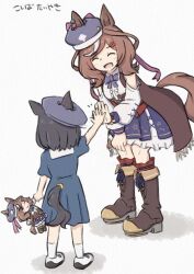 2girls animal_ears belt_bag black_hair blue_bow blue_dress blue_hat blue_skirt blush boots bow breasts brown_boots brown_hair center_frills character_doll closed_eyes clothing_cutout corset doll dress ears_through_headwear frills hair_ornament hairclip hat high_five highres holding holding_doll horse_ears horse_girl horse_tail koshiba_taiyaki matikanetannhauser_(clippety-tippety-clop)_(umamusume) matikanetannhauser_(umamusume) medium_hair multicolored_hair multiple_girls newsboy_cap open_mouth parallel_hairclips red_corset red_socks shirt shoes short_hair shoulder_cutout skirt smile socks streaked_hair tail tilted_headwear umamusume white_shirt white_socks 