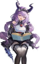  1girl absurdres arknights arknights:_endfield bare_shoulders black_gloves black_overskirt book breasts commentary_request curved_horns detached_sleeves dot_nose framed_breasts gloves highres holding holding_book holding_pen horns long_hair long_sleeves lower_teeth_only medium_breasts multicolored_thighhighs open_book open_mouth overskirt pen purple_hair purple_horns simple_background sitting sola_gratias solo tail teeth thigh-highs typhoeus_(arknights) typhon_(arknights) violet_eyes white_background 