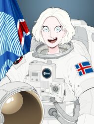  1girl astronaut blue_eyes hellonearthiii helmet highres holding holding_unworn_helmet icelandic_flag looking_at_viewer open_mouth original ragna_(hellonearthiii) solo space_helmet teeth unworn_headwear unworn_helmet upper_teeth_only white_hair 