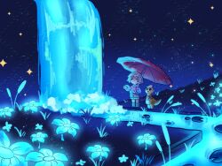  2025 2d 2others absurdres ambiguous_gender anthro blue_sweater boots border brown_boots brown_hair brown_shorts cattail child commentary commission digital_media double_horizontal_stripe duo english_commentary flower frisk_(undertale) full_body glowing glowing_flower highres holding holding_umbrella horizontal-striped_clothes human image_sample in-universe_location lily_pad lizard lizard_tail long_sleeves midnightps monster monster_kid_(undertale) multiple_others nature other_focus outdoors pink_stripes plant reptile reptile_tail river scalie scenery short_hair shorts standing striped_clothes striped_sweater sweater two-tone_sweater umbrella undertale utdr_(toby_fox) water waterfall waterfall_(undertale) wide_shot yellow_skin yellow_stripes 
