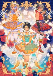  3boys :d ;d absurdres alternate_costume axel_syrios beard_stubble beret black_gloves black_hair blonde_hair blue_bow blue_gloves boots bow crimzon_ruze crossdressing crossdressing_(mtf) detached_sleeves dress elbow_gloves facial_hair fingerless_gloves flower frilled_skirt frills from_side full_body gloves grey_hair hair_bow hat headset highres hiimtae_sb holostars holostars_english idol_clothes josuiji_shinri magical_boy male_focus multicolored_eyes multiple_boys one_eye_closed open_mouth orange_bow orange_dress outstretched_arms ponytail puffy_detached_sleeves puffy_sleeves red_boots red_bow red_dress red_flower red_rose rose skirt smile socks sparkle star_(symbol) stubble thigh-highs thigh_strap virtual_youtuber white_gloves white_hat white_thighhighs yellow_socks zettai_ryouiki 