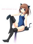  apron ass bad_id blue_eyes blush brown_hair cat_ears cat_gloves cat_tail itou_nanami original school_swimsuit short_hair sitting solo swimsuit tail thighhighs 