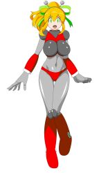  1girl :d absurdres aged_up android antennae armor armored_boots arms_up asagi10932 bikini_armor blonde_hair bodysuit boots breast_missiles breastplate breasts clenched_hands commentary_request covered_navel covered_nipples double-parted_bangs earphones eyes_visible_through_hair full_body gorget green_eyes green_ribbon grey_bodysuit groin hair_between_eyes hair_ribbon hairband hand_on_own_hip hand_up headphones high_ponytail highres hyper_roll_(marvel_vs._capcom) joints knee_boots knee_guards knee_pads large_breasts large_variant_set leg_up long_hair looking_at_viewer marvel_vs._capcom marvel_vs._capcom_2 mechanical_arms mechanical_boots mechanical_legs mega_man_(classic) mega_man_(series) metal_gloves navel open_mouth ponytail radio_antenna red_armor ribbon robot robot_girl robot_joints roll_(mega_man) shoulder_armor sidelocks simple_background smile solo standing variant_set white_background 