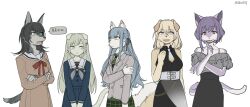  5girls animal_ears animal_nose ave_mujica_(bang_dream!) bang_dream! bang_dream!_it's_mygo!!!!! black_dress black_hair black_skirt blazer blonde_hair blue_eyes blue_hair blue_serafuku blue_shirt braid breasts brown_dress cat_ears cat_girl cat_tail commentary crossed_arms diagonal-striped_clothes diagonal-striped_necktie dog_ears dog_girl dog_tail dress furrification furry furry_female green_hair green_necktie green_skirt grey_jacket grey_shirt guagua977 hanasakigawa_school_uniform hand_on_own_arm haneoka_school_uniform highres jacket long_hair looking_at_viewer medium_hair misumi_uika multiple_girls necktie purple_hair red_eyes sailor_collar sailor_shirt school_uniform serafuku shirt short_hair simple_background skirt sleeveless sleeveless_dress snout speech_bubble striped_clothes striped_necktie tail togawa_sakiko translation_request tsukinomori_school_uniform twitter_username violet_eyes wakaba_mutsumi white_background white_necktie white_sailor_collar wolf_ears wolf_girl wolf_tail yahata_umiri yellow_eyes yuutenji_nyamu 
