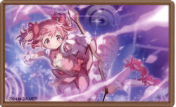 1girl absurdres bow bow_choker bubble_skirt choker dot_nose dress floating frilled_socks frills gloves hair_bow highres holding holding_weapon kaname_madoka kaname_madoka_(magical_girl) looking_to_the_side magical_girl mahou_shoujo_madoka_magica mahou_shoujo_madoka_magica_magia_exedra non-web_source official_art pink_eyes pink_hair pink_ribbon puffy_sleeves red_choker red_shoes ribbon ribbon_shoes scan self-scan shoes short_hair short_sleeves short_twintails skirt smile socks solo soul_gem_(madoka_magica) tareme twintails weapon white_gloves 