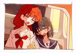  2girls black_hair black_sailor_collar blush braid chinese_commentary closed_eyes collared_dress commentary_request dress heads_together lara_(sayonara_lara) long_hair multiple_girls ootsu_mari open_mouth sailor_collar saliva sayonara_lara shirt short_hair single_braid sleeping stitched_tongue tongue tongue_out trophy white_dress white_shirt zhanzhangzlw 