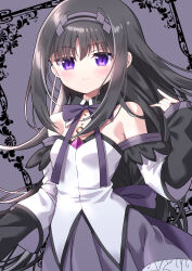 1girl absurdres akemi_homura akemi_homura_(magical_girl) bare_shoulders black_hair black_sleeves bow breasts closed_mouth commentary_request detached_sleeves frilled_skirt frills highres layered_sleeves long_hair long_sleeves magical_girl mahou_shoujo_madoka_magica mahou_shoujo_madoka_magica:_walpurgis_no_kaiten pleated_skirt purple_background purple_bow purple_eyes purple_skirt short_over_long_sleeves short_sleeves skirt small_breasts solo soul_gem_(madoka_magica) uchuuneko very_long_hair white_sleeves