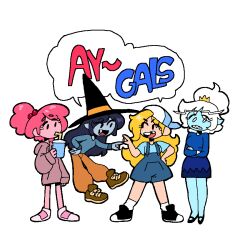  1i3anny 4girls adventure_time adventure_time:_fionna_and_cake alternate_costume black_hair blonde_hair blue_skin chibi chibi_only colored_skin demon_girl english_text fionna_campbell grey_skin ice_queen_(adventure_time) long_eyebrows long_hair marceline_abadeer multiple_girls pink_hair pink_skin pointy_ears princess_bonnibel_bubblegum sharp_teeth smile teeth vampire white_eyes white_hair 