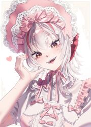  1girl alternate_costume arknights bow bowtie commentary_request demon_girl demon_horns dress dress_bow grey_hair hand_up hat heart heart_hands heart_print highres horns light_blush looking_at_viewer magnum_0000 medium_hair multicolored_hair nail_polish neck_ribbon open_mouth orange_eyes parted_lips pink_bow pink_bowtie pink_dress pink_hat pink_lips pink_ribbon red_horns red_nails red_streaks ribbon short_sleeves sidelocks simple_background smile solo streaked_hair teeth two-tone_dress upper_body upper_teeth_only w_(arknights) white_background white_dress 